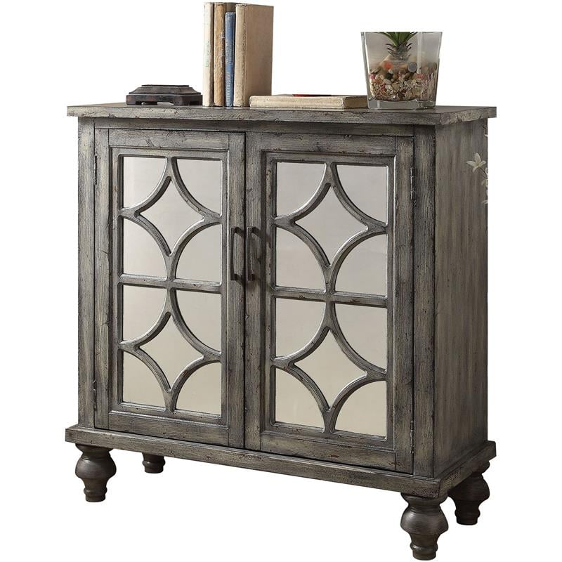 Bowery Hill 2-Door Wooden Console Table in Weathered Gray with Mirrored Doors