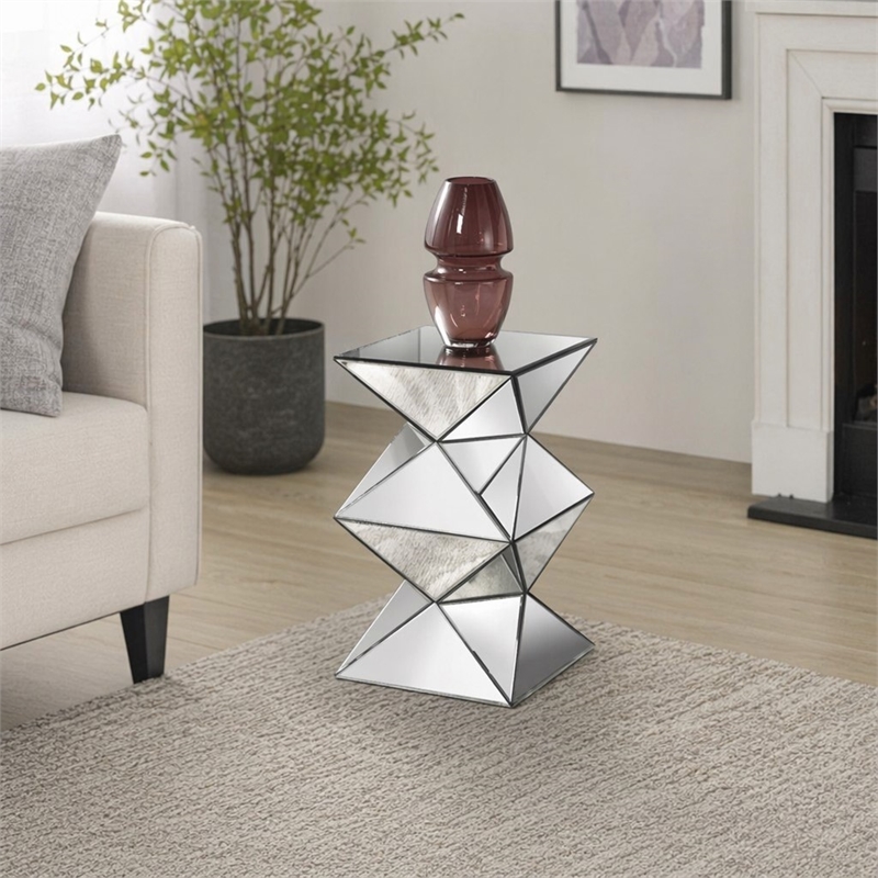 Bowery Hill Mirrored Pedestal Stand with Faux Crystal Inlay and Geometric Base