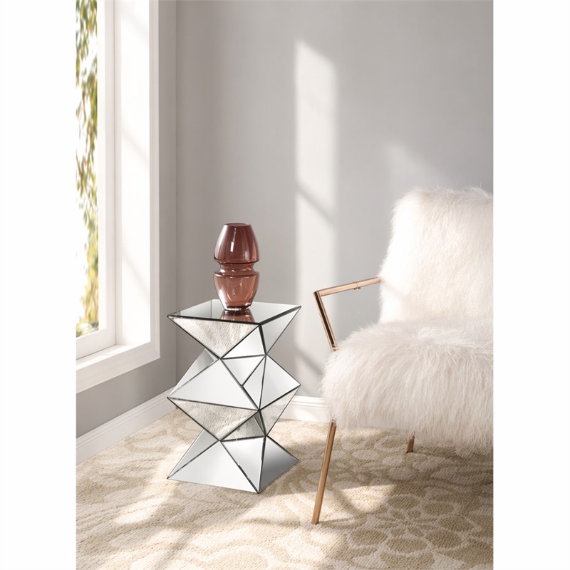 Bowery Hill Mirrored Pedestal Stand with Faux Crystal Inlay and Geometric Base
