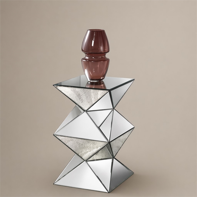 Bowery Hill Mirrored Pedestal Stand with Faux Crystal Inlay and Geometric Base