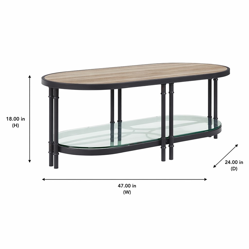 Bowery Hill Oval Wooden Coffee Table in Oak and Sandy Black with Glass Shelf