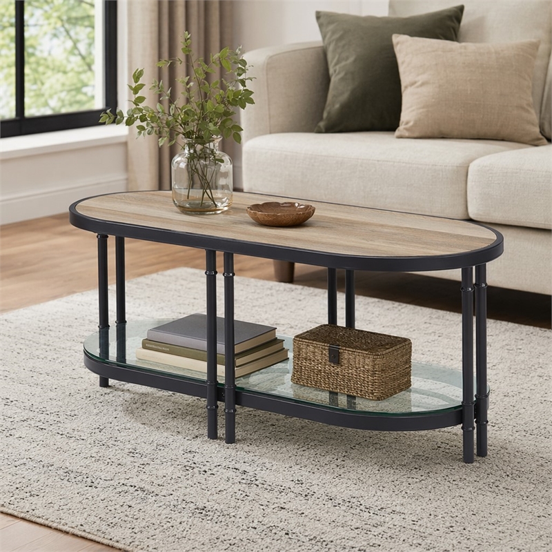 Bowery Hill Oval Wooden Coffee Table in Oak and Sandy Black with Glass Shelf