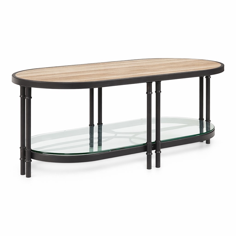 Bowery Hill Oval Wooden Coffee Table in Oak and Sandy Black with Glass Shelf