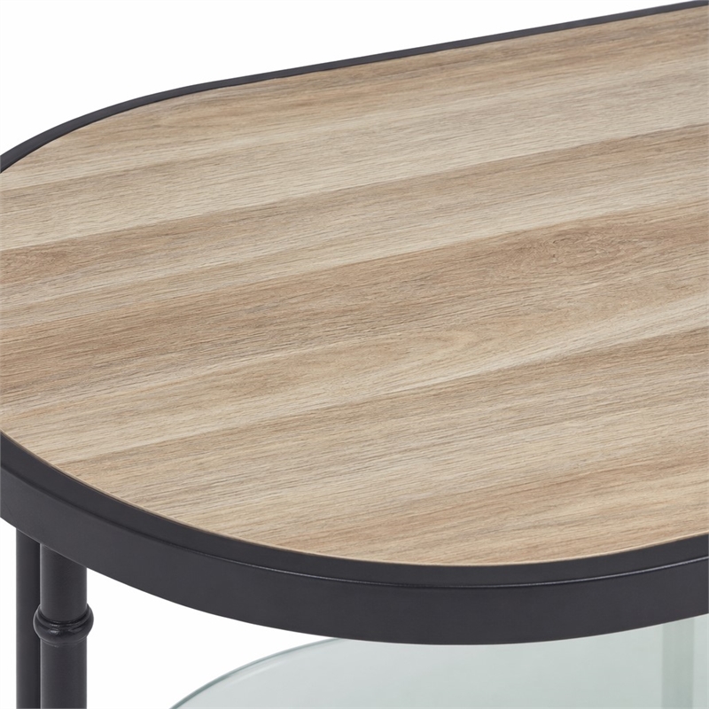 Bowery Hill Oval Wooden Coffee Table in Oak and Sandy Black with Glass Shelf