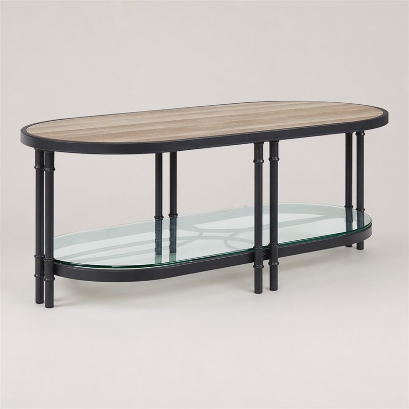 Bowery Hill Oval Wooden Coffee Table in Oak and Sandy Black with Glass Shelf