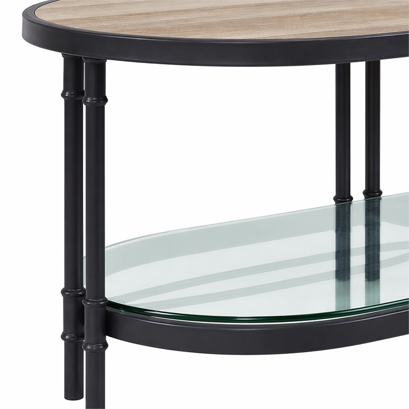 Bowery Hill Oval Wooden Coffee Table in Oak and Sandy Black with Glass Shelf