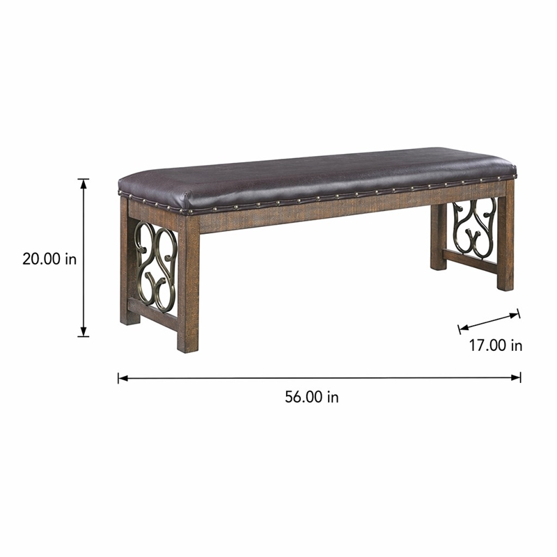 Bowery Hill Faux Leather Bench with Scroll Accents in Black and Weathered Cherry