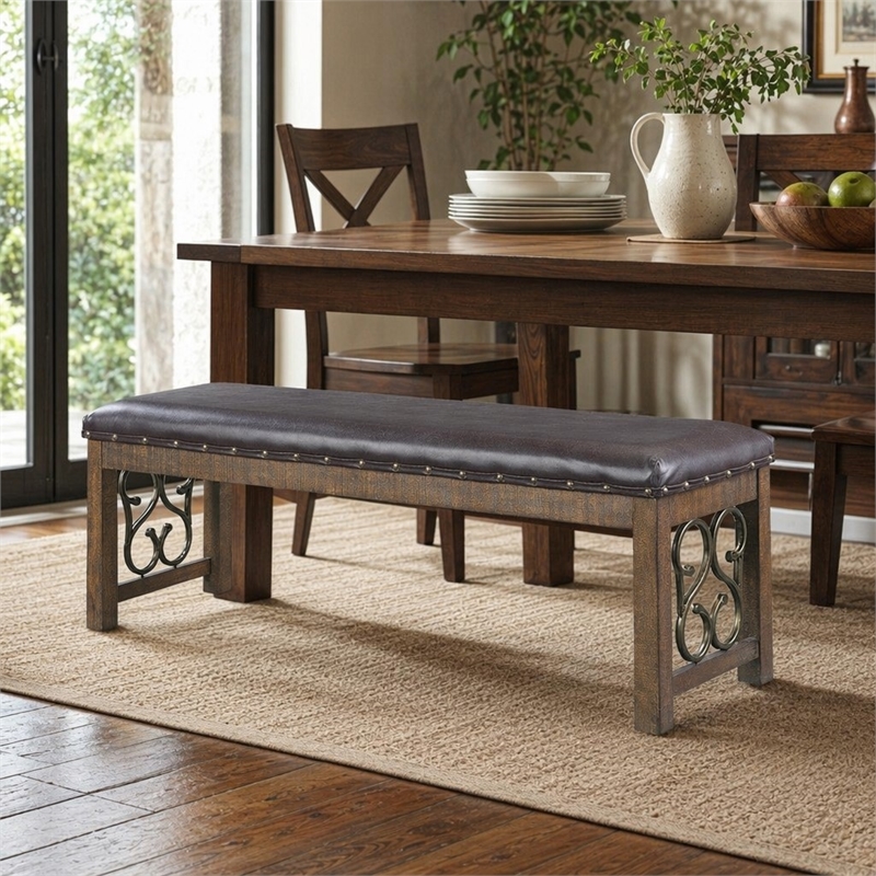 Bowery Hill Faux Leather Bench with Scroll Accents in Black and Weathered Cherry