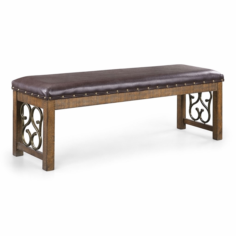 Bowery Hill Faux Leather Bench with Scroll Accents in Black and Weathered Cherry