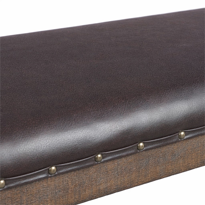 Bowery Hill Faux Leather Bench with Scroll Accents in Black and Weathered Cherry