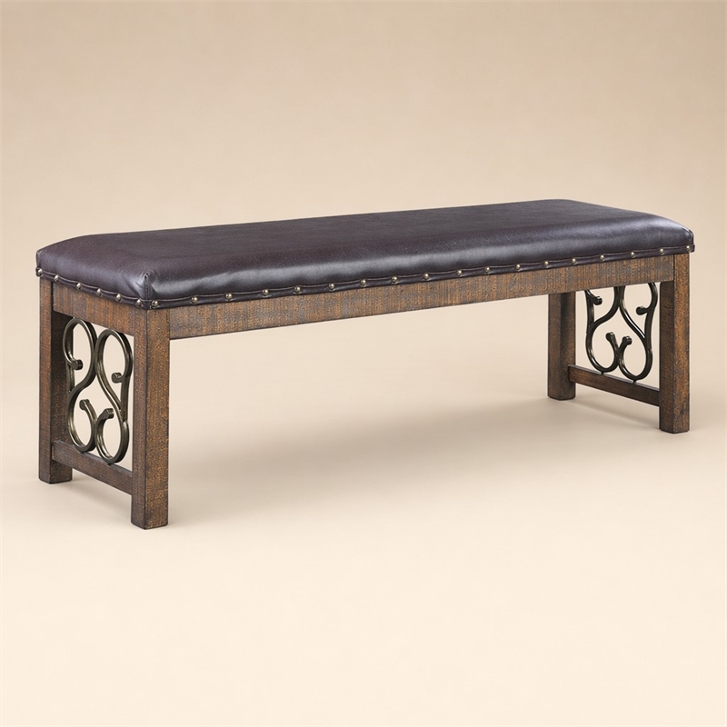 Bowery Hill Faux Leather Bench with Scroll Accents in Black and Weathered Cherry