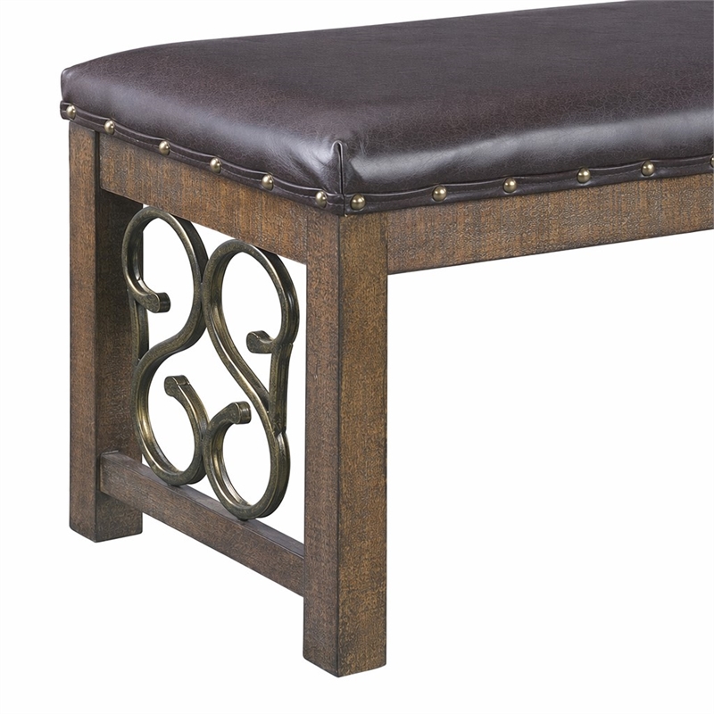 Bowery Hill Faux Leather Bench with Scroll Accents in Black and Weathered Cherry