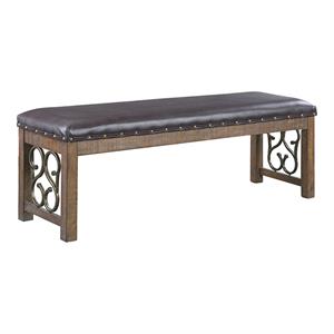 Bowery Hill Faux Leather Bench with Scroll Accents in Black and Weathered Cherry