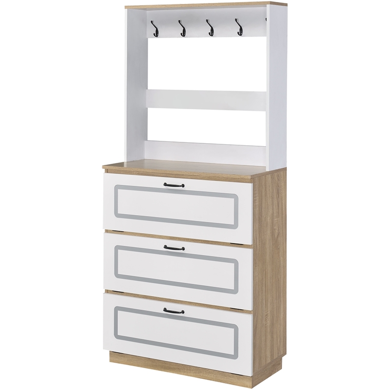 Bowery Hill Shoe Cabinet with Drawers and Metal Hooks in Light Oak