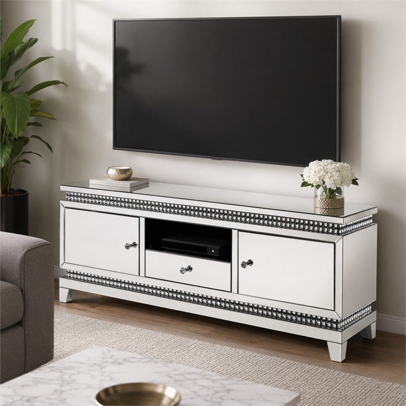 Bowery Hill TV Stand with Mirrored Surface and Faux Crystals