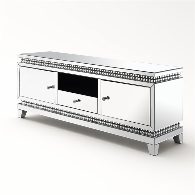 Bowery Hill TV Stand with Mirrored Surface and Faux Crystals