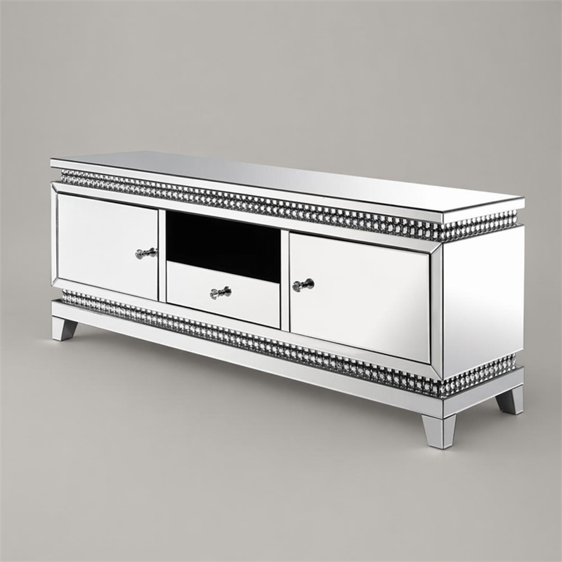 Bowery Hill TV Stand with Mirrored Surface and Faux Crystals