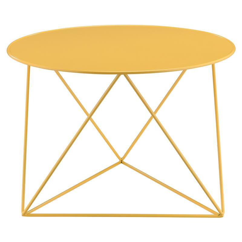 Bowery Hill Metal Accent Table with Round Top and Geometric Base in Yellow