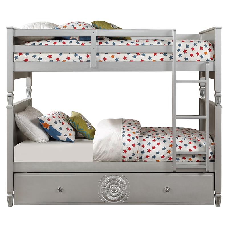 Bowery Hill Twin over Twin Wooden Bunk Bed with Trundle in Blue & Silver Finish