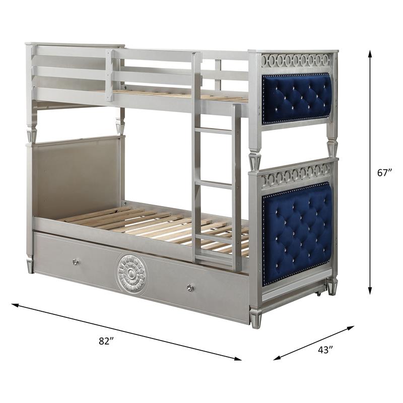 Bowery Hill Twin over Twin Wooden Bunk Bed with Trundle in Blue & Silver Finish