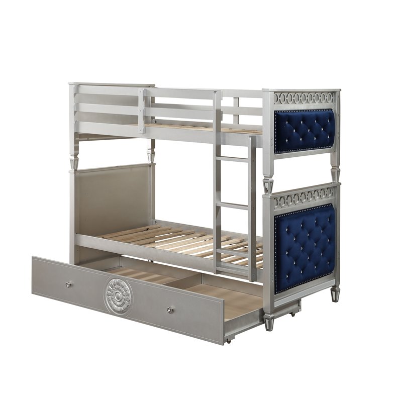 Bowery Hill Twin over Twin Wooden Bunk Bed with Trundle in Blue & Silver Finish