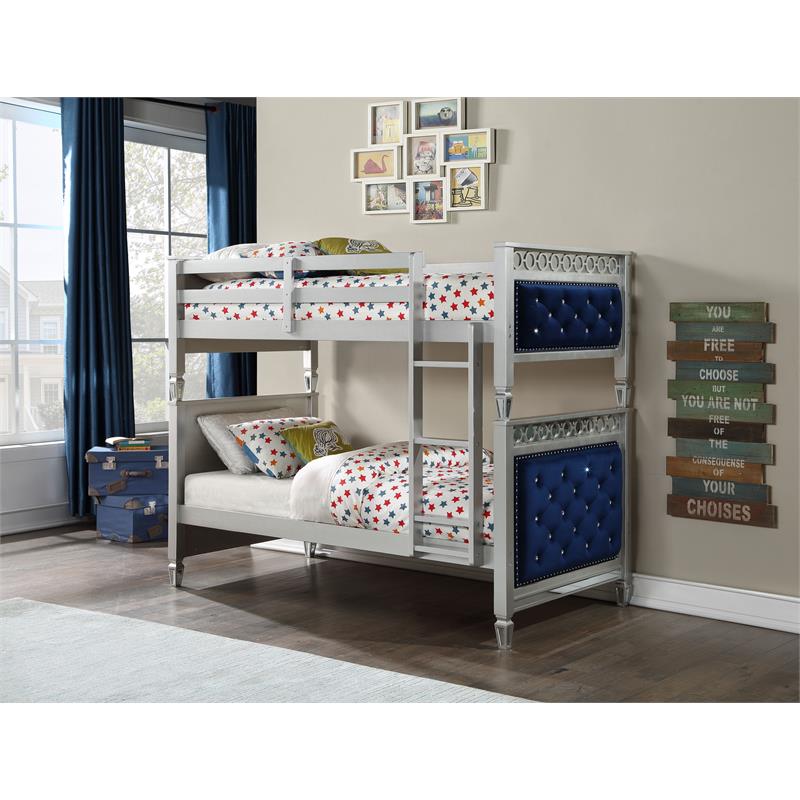Bowery Hill Twin over Twin Wooden Bunk Bed with Trundle in Blue & Silver Finish