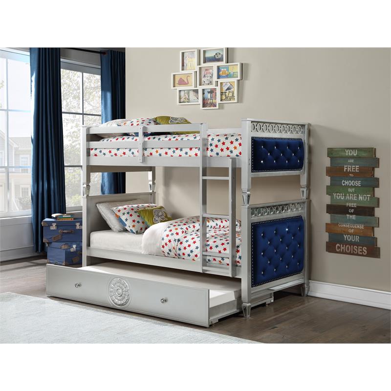Bowery Hill Twin over Twin Wooden Bunk Bed with Trundle in Blue & Silver Finish