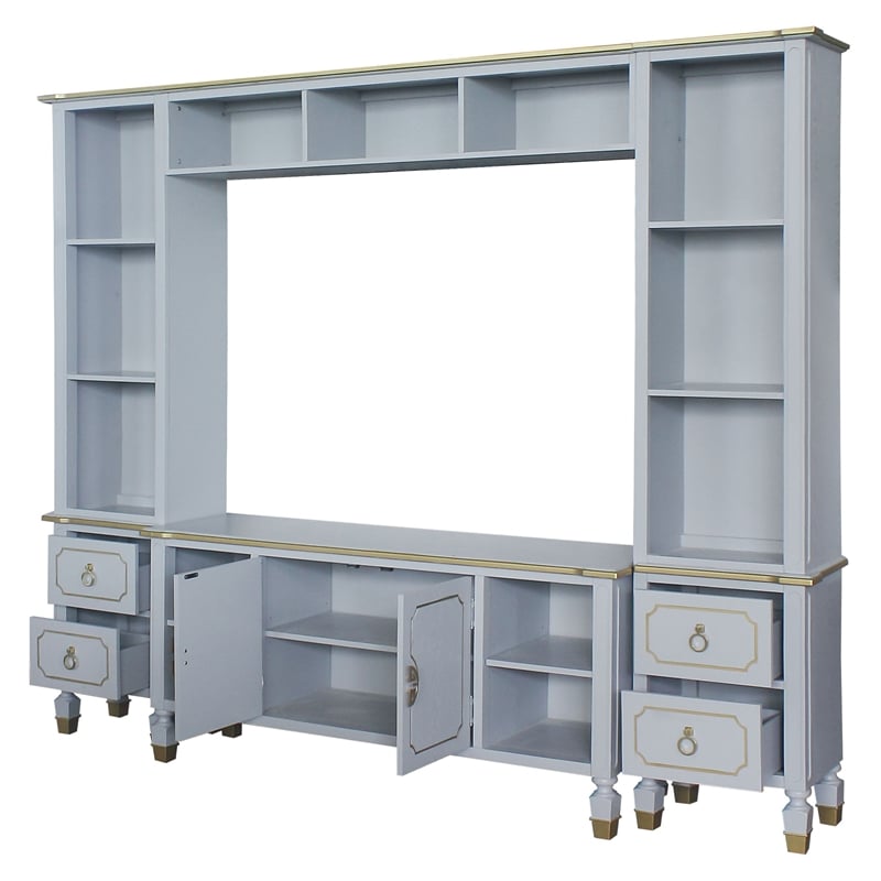 Bowery Hill Pearl Gray Wooden Entertainment Center with Gold Trim Accents