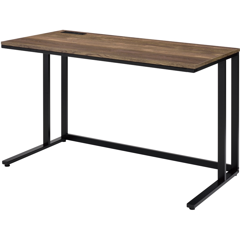 Bowery Hill Walnut and Black Metal Writing Desk with USB Port