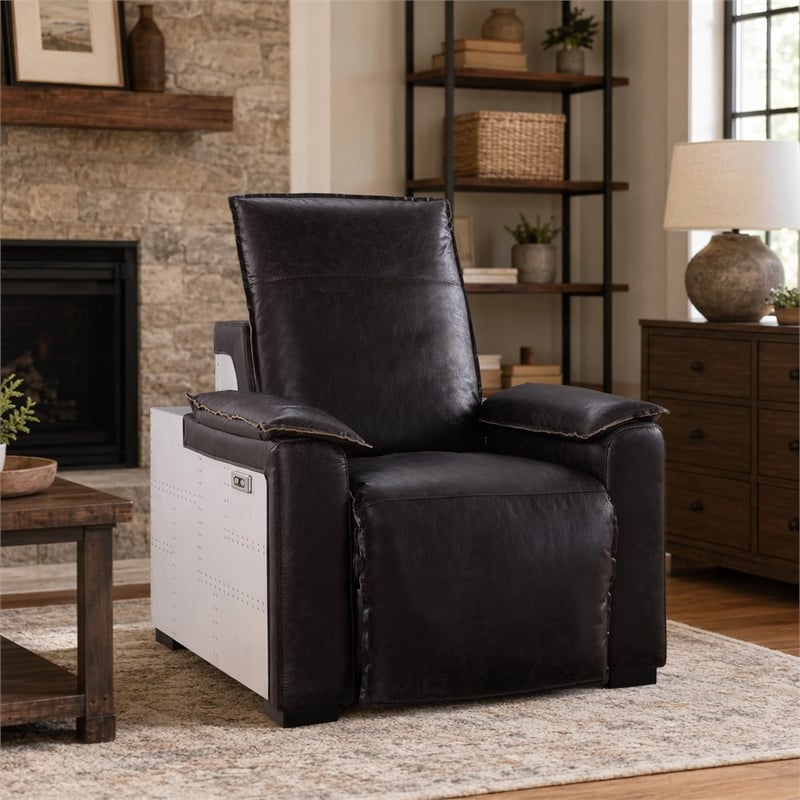Bowery Hill Power Motion Recliner in Dark Brown Leather with Aluminum Finish