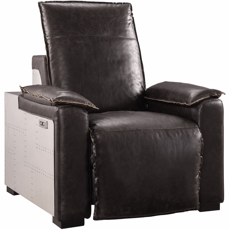Bowery Hill Power Motion Recliner in Dark Brown Leather with Aluminum Finish