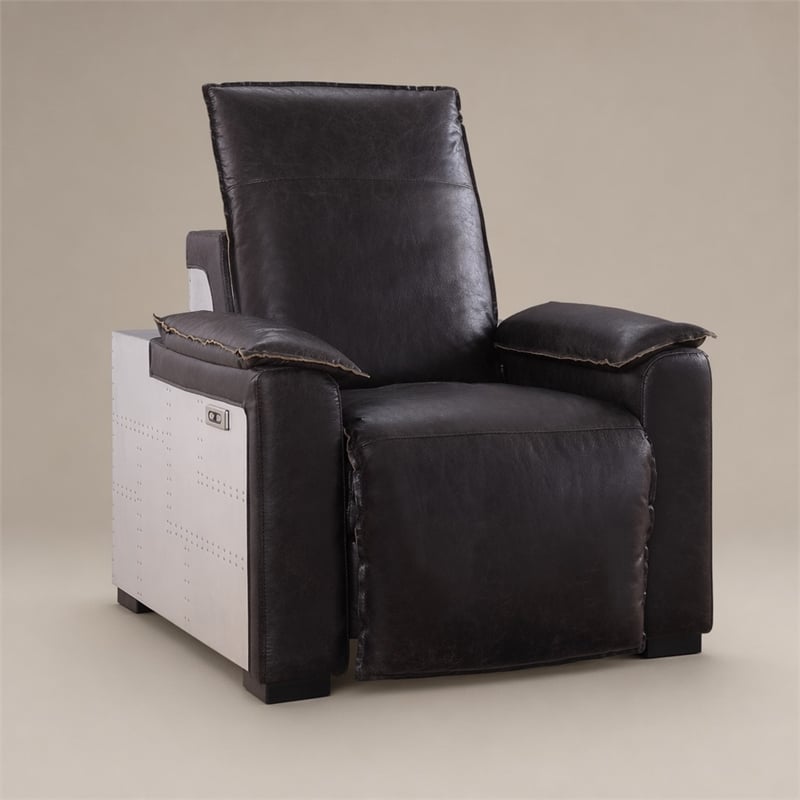 Bowery Hill Power Motion Recliner in Dark Brown Leather with Aluminum Finish