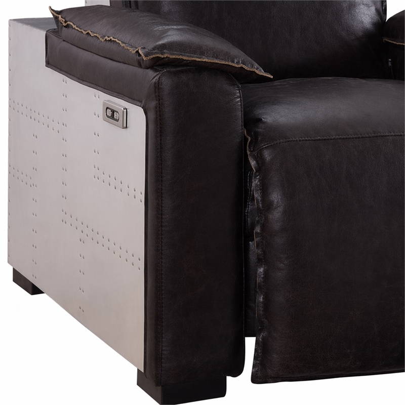 Bowery Hill Power Motion Recliner in Dark Brown Leather with Aluminum Finish