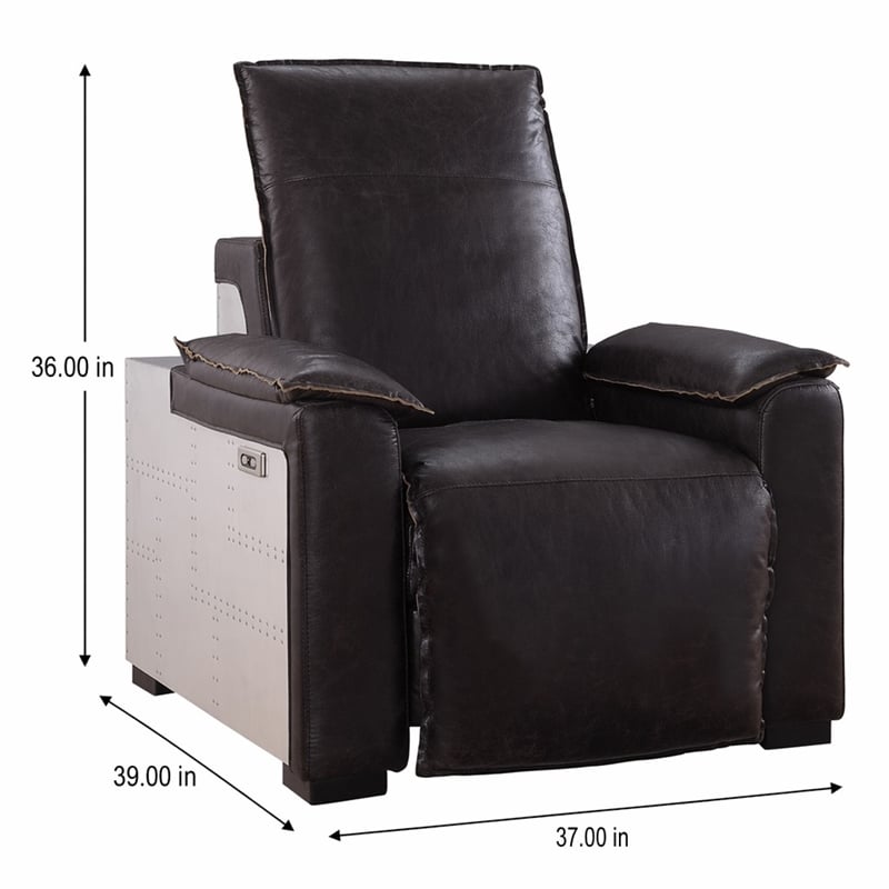 Bowery Hill Power Motion Recliner in Dark Brown Leather with Aluminum Finish