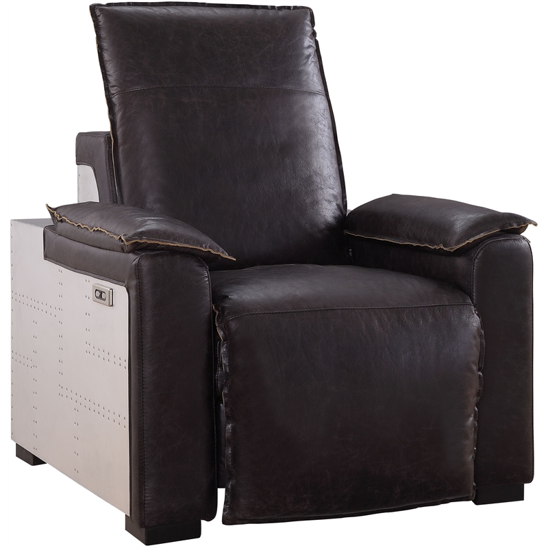 Bowery Hill Power Motion Recliner in Dark Brown Leather with Aluminum Finish