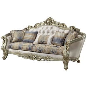 Bowery Hill Sofa with 5 Pillows in Cream Fabric and Golden Ivory Finish