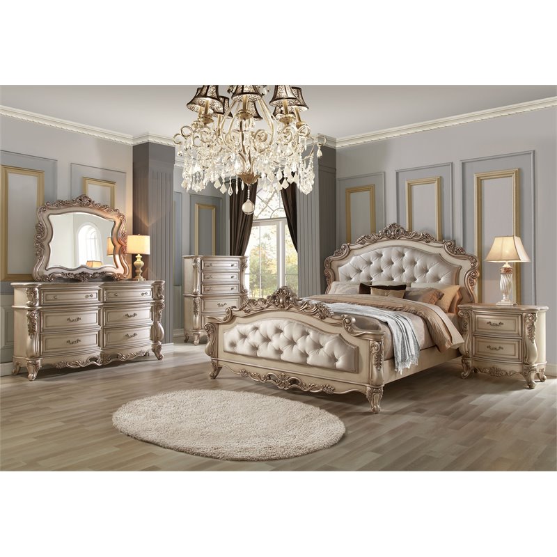 Bowery Hill Eastern King Panel Bed in Fabric and Golden Ivory Finish