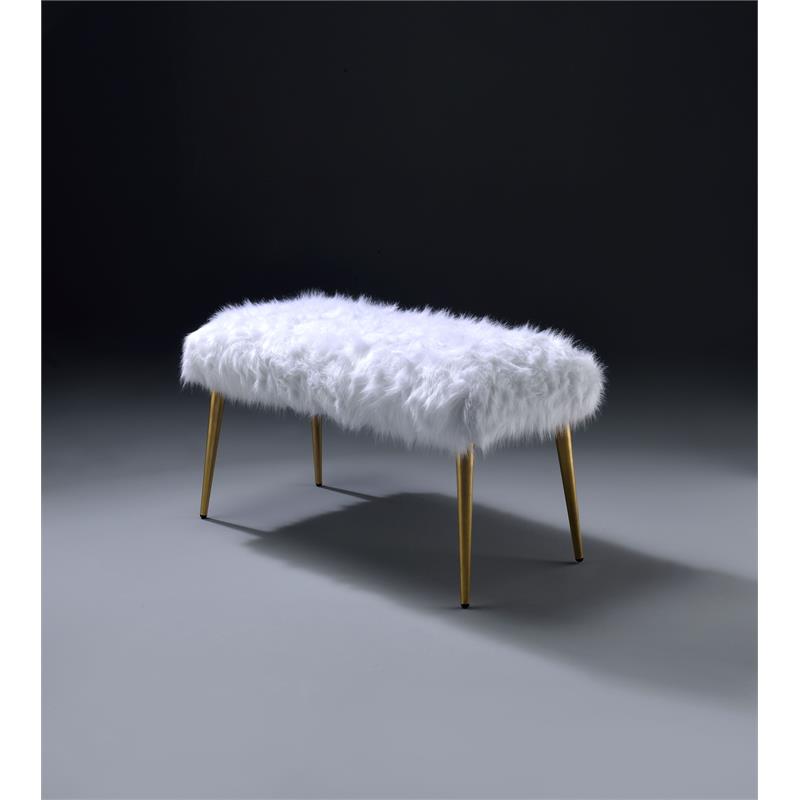 Bowery Hill Faux Fur Bench with Geometric Metal Legs in White and Gold