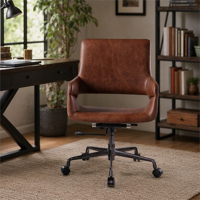 Bowery Hill Swivel Office Chair in Leather and Vintage Cocoa