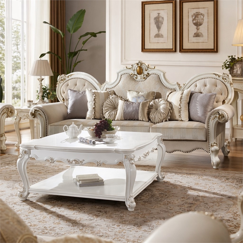 Bowery Hill Fabric Sofa with 8 Pillows in Antique Pearl
