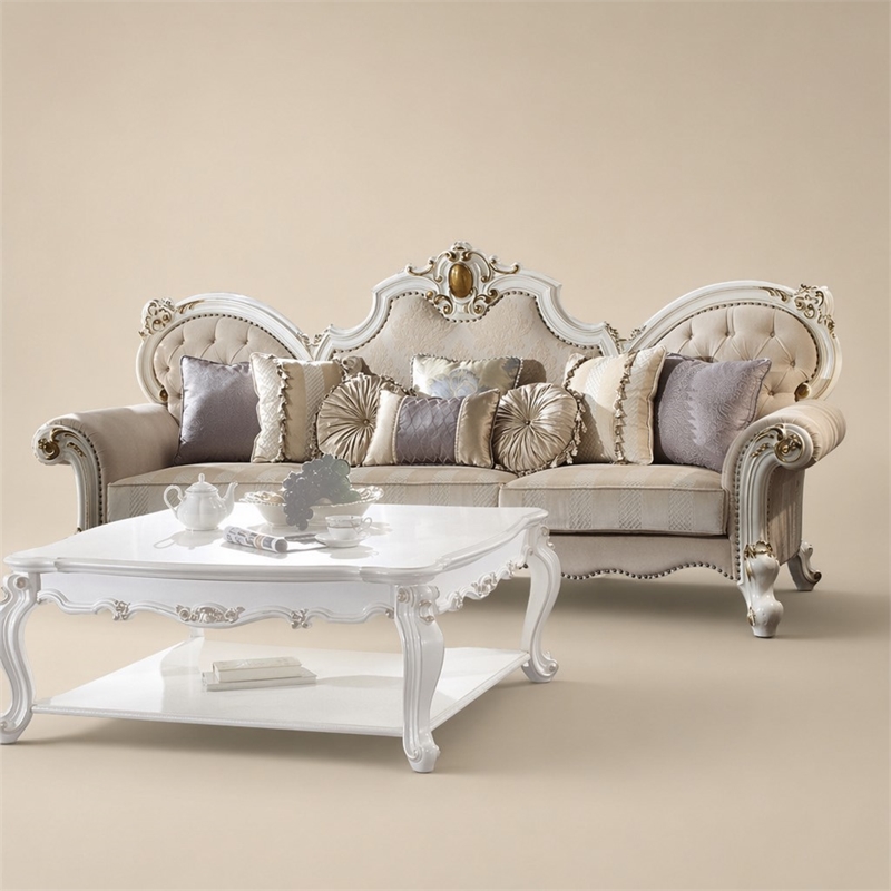 Bowery Hill Fabric Sofa with 8 Pillows in Antique Pearl