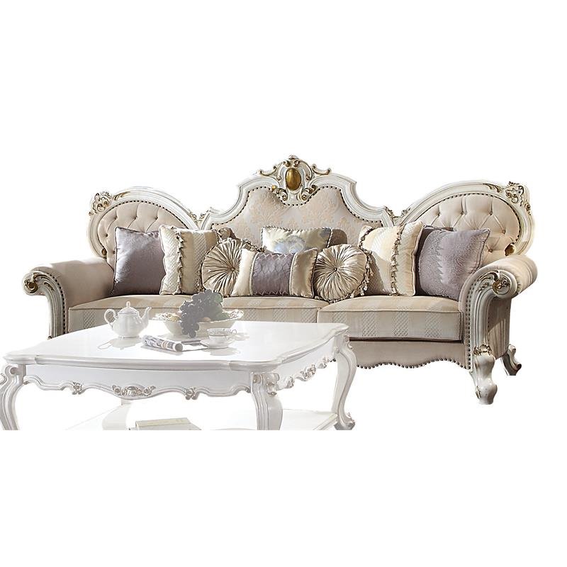Bowery Hill Fabric Sofa with 8 Pillows in Antique Pearl