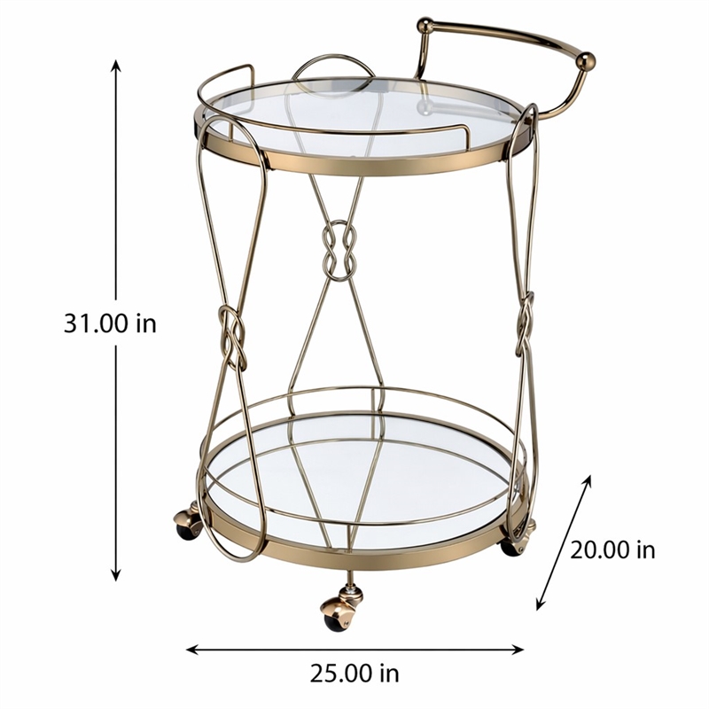 Bowery Hill Champagne Metal Serving Bar Cart with Glass Shelves