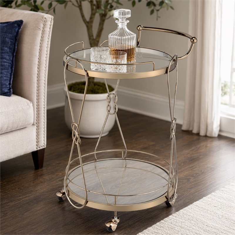 Bowery Hill Champagne Metal Serving Bar Cart with Glass Shelves