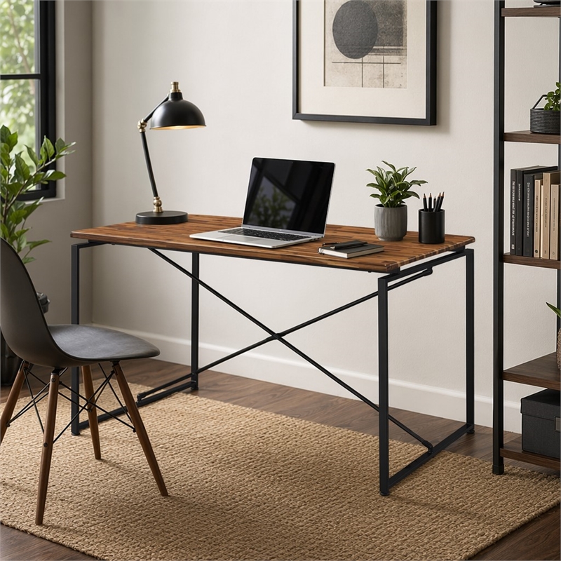 Bowery Hill Rectangular Dining Table with Fixed Walnut Top and Metal Base