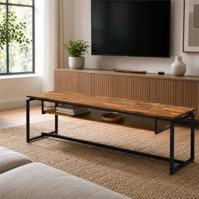 Bowery Hill Wooden TV Stand with 1 Shelf in Oak and Black