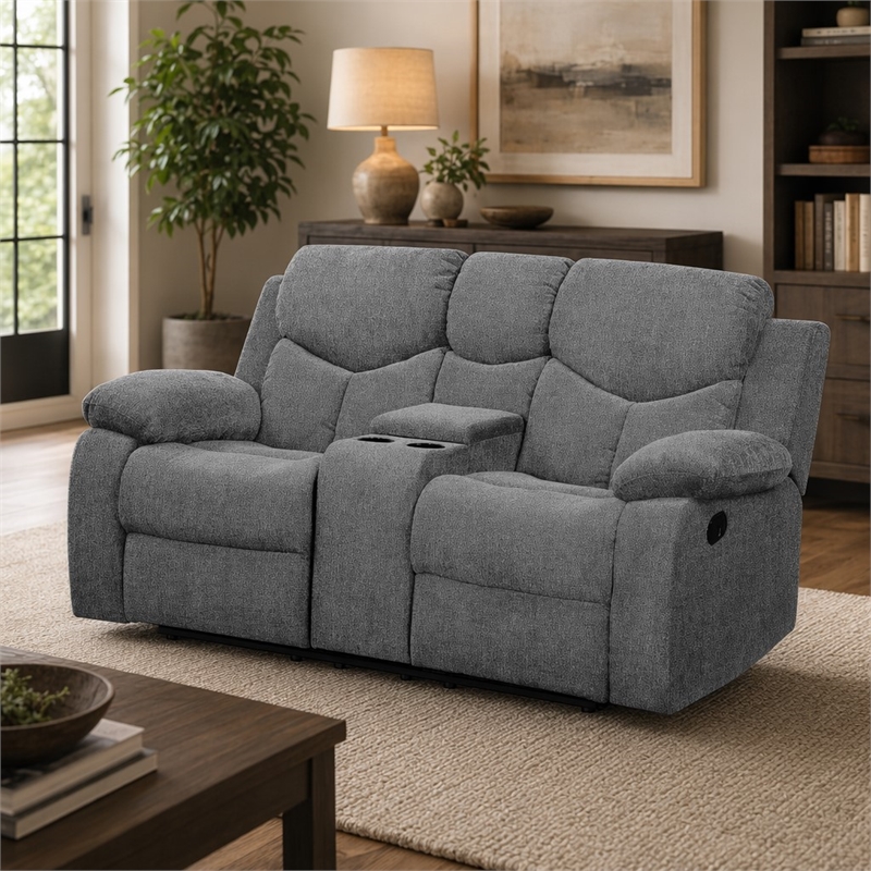 Bowery Hill Chenille Motion Reclining Loveseat with Console in Gray