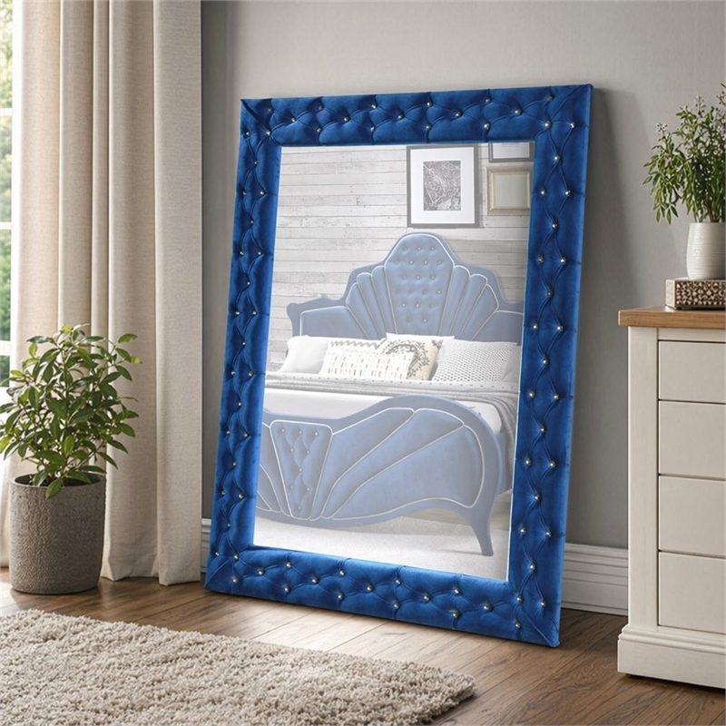 Bowery Hill Contemporary Rectangular Accent Floor Mirror in Blue Velvet