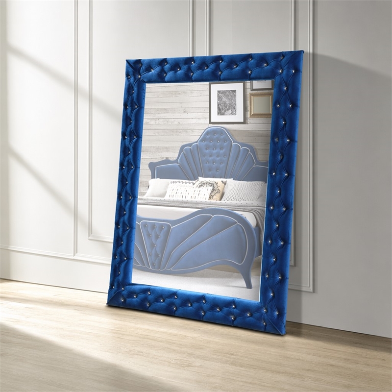 Bowery Hill Contemporary Rectangular Accent Floor Mirror in Blue Velvet