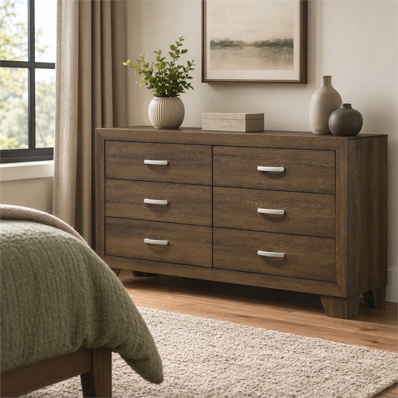 Bowery Hill Wooden 6-Drawer Bedroom Dresser in Oak